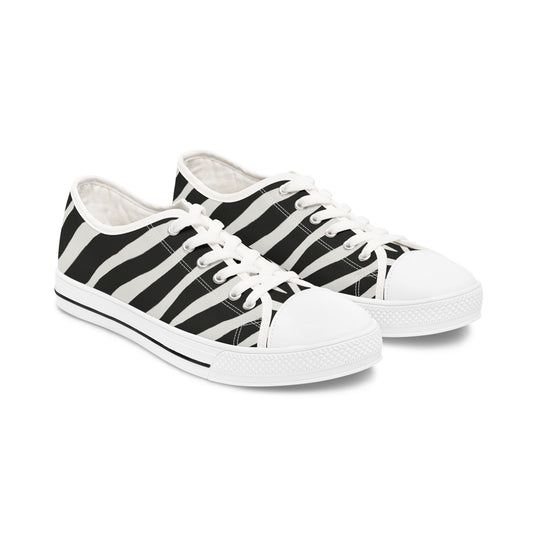 Zebra Stripe Women's Low Top Sneakers — Black & White Animal Print Casual Canvas Shoes