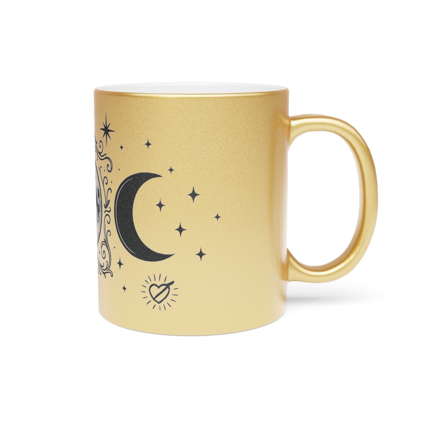Moon Phase Metallic Mug — Crescent & Full Moon Silver Coffee Cup