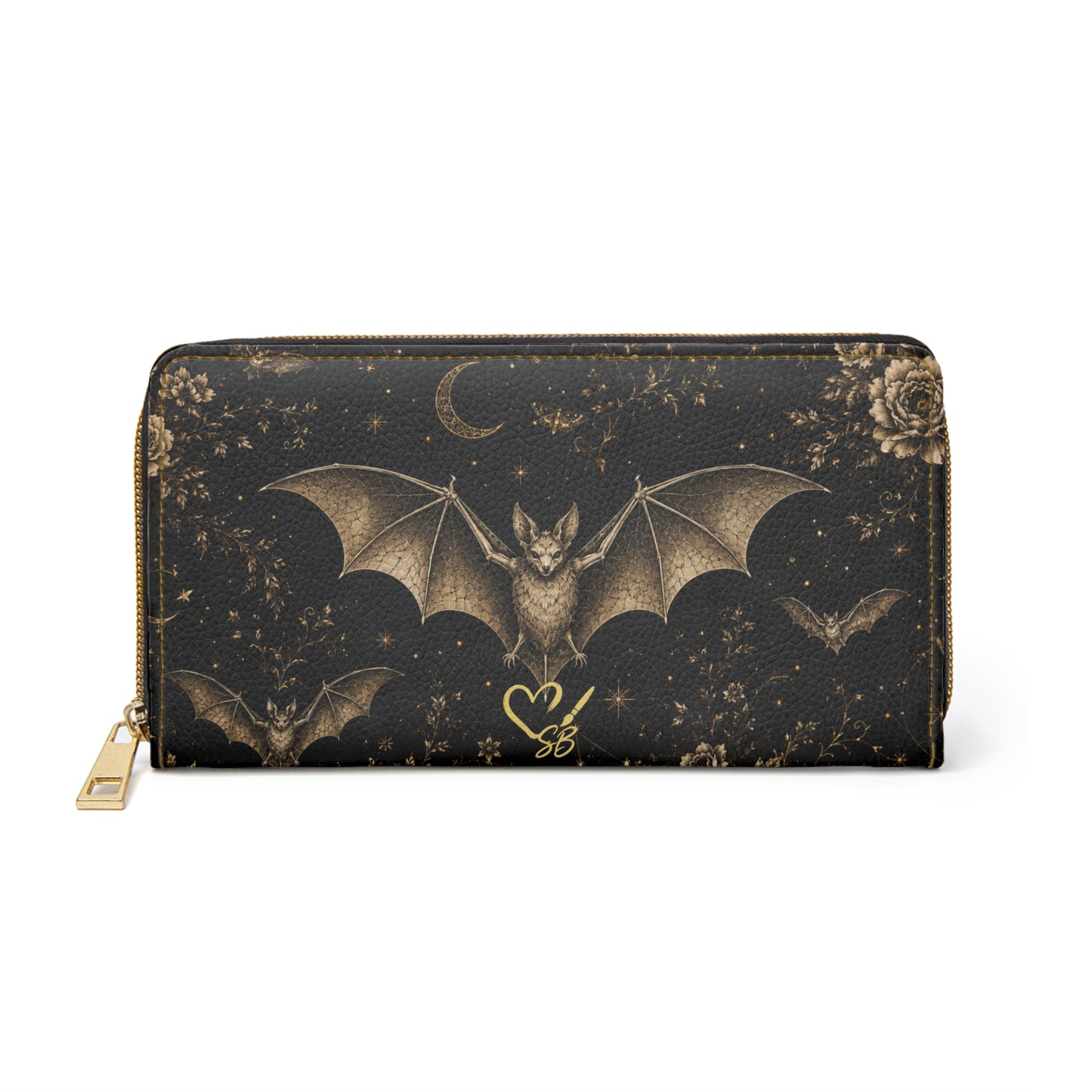 Cartera con cremallera Eclipse Noir — Cartera de mano con patrón gótico floral de murciélago para Halloween