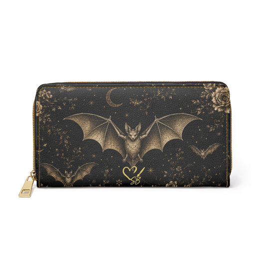 Eclipse Noir Zipper Wallet — Gothic Floral Bat Pattern Wristlet for Halloween