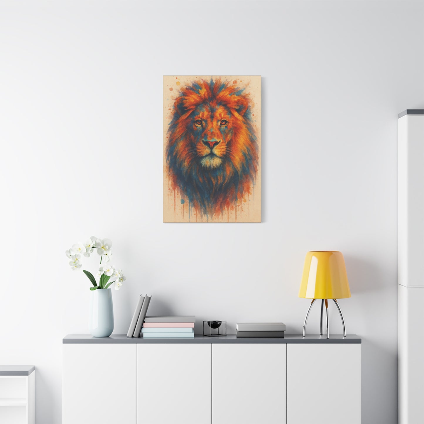 Lion-Bold Colorful Abstract Animal Acrylic Ink Matte Canvas (Stretched)