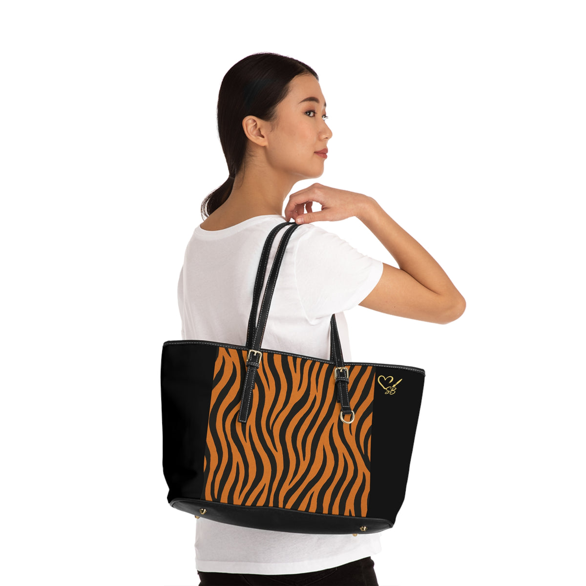 Tiger Stripe PU Leather Shoulder Bag — Black & Orange Animal Print Tote