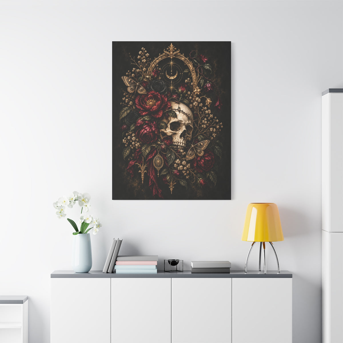 Skull & Roses Gothic Canvas Wall Art —Eclipsed Moon- Matte Stretched 1.25"