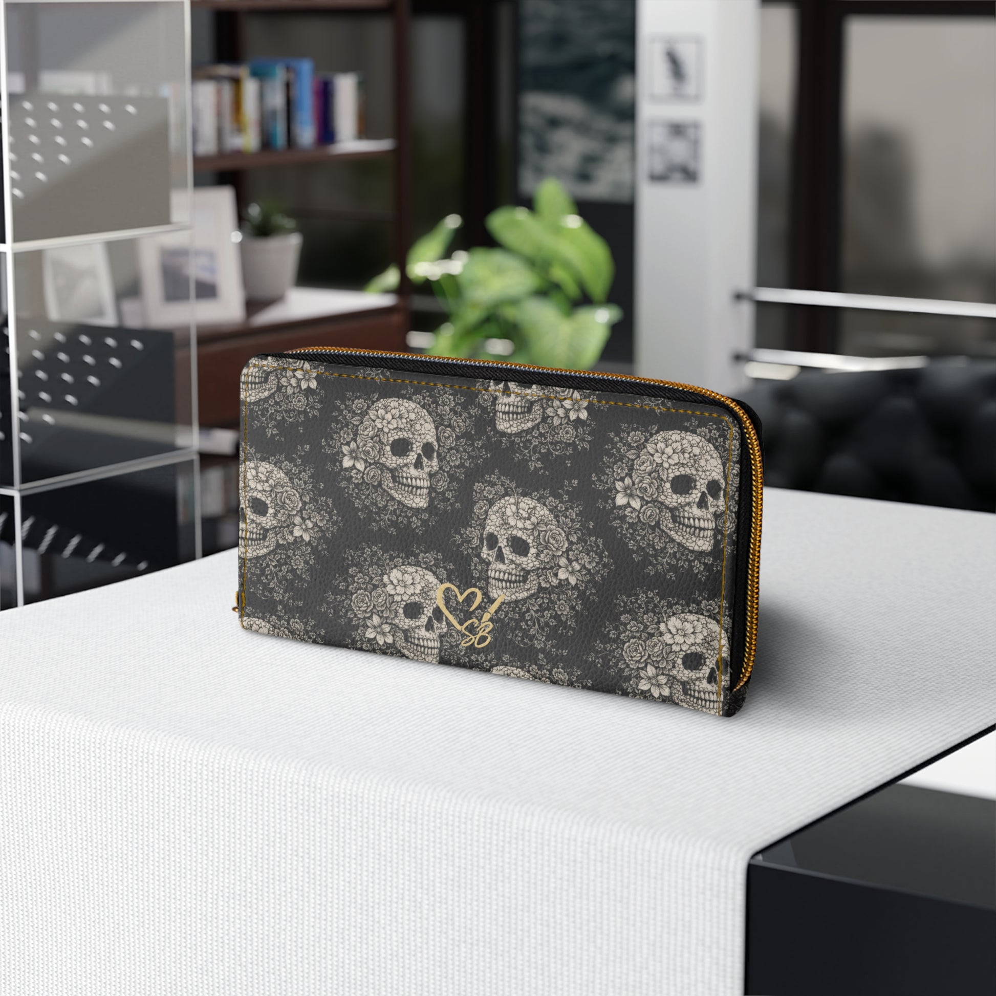 Requiem Bloom gothic floral skull zipper wallet – front view,lifestyle view, Day of the Dead design by the Soulful Brush

