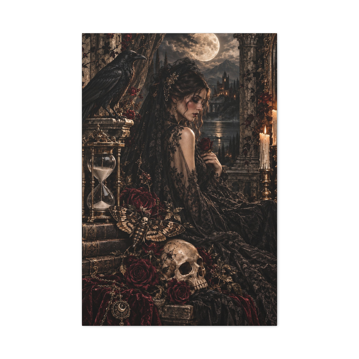 Gothic Mourning Matte Canvas Wall Art —Cathedral Sorrows -Dark Victorian Lady with Skull & Roses