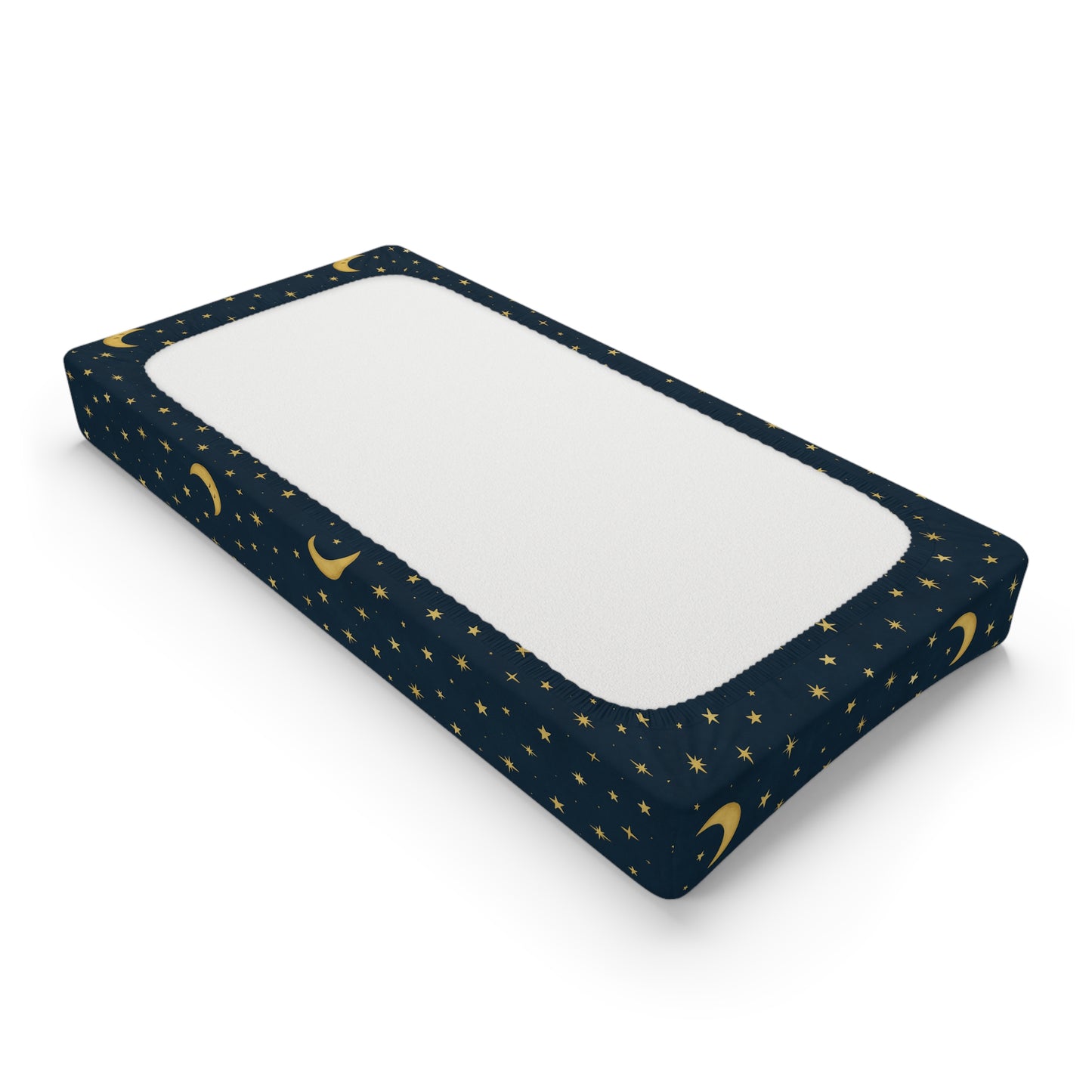 To the Moon – Funda para cambiador | Sueños celestiales – Ropa de cama de cuna azul marino y dorado