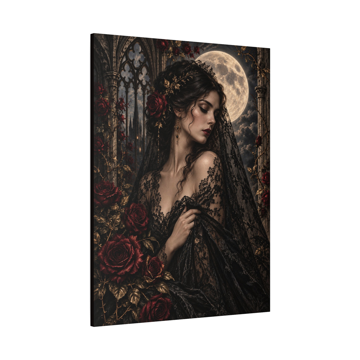Gothic Moonlit Maiden Canvas Art - Nocturne In Lace-Romantic Dark Victorian Wall Decor