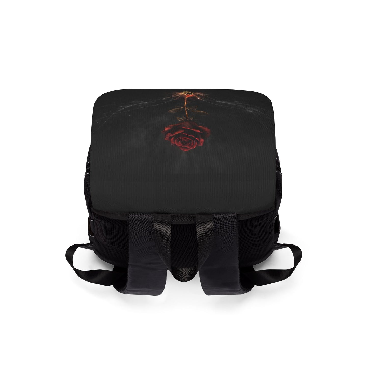 Mochila con diseño de boceto de rosas rojas góticas "Eternal Bloom" – Bandolera informal romántica oscura