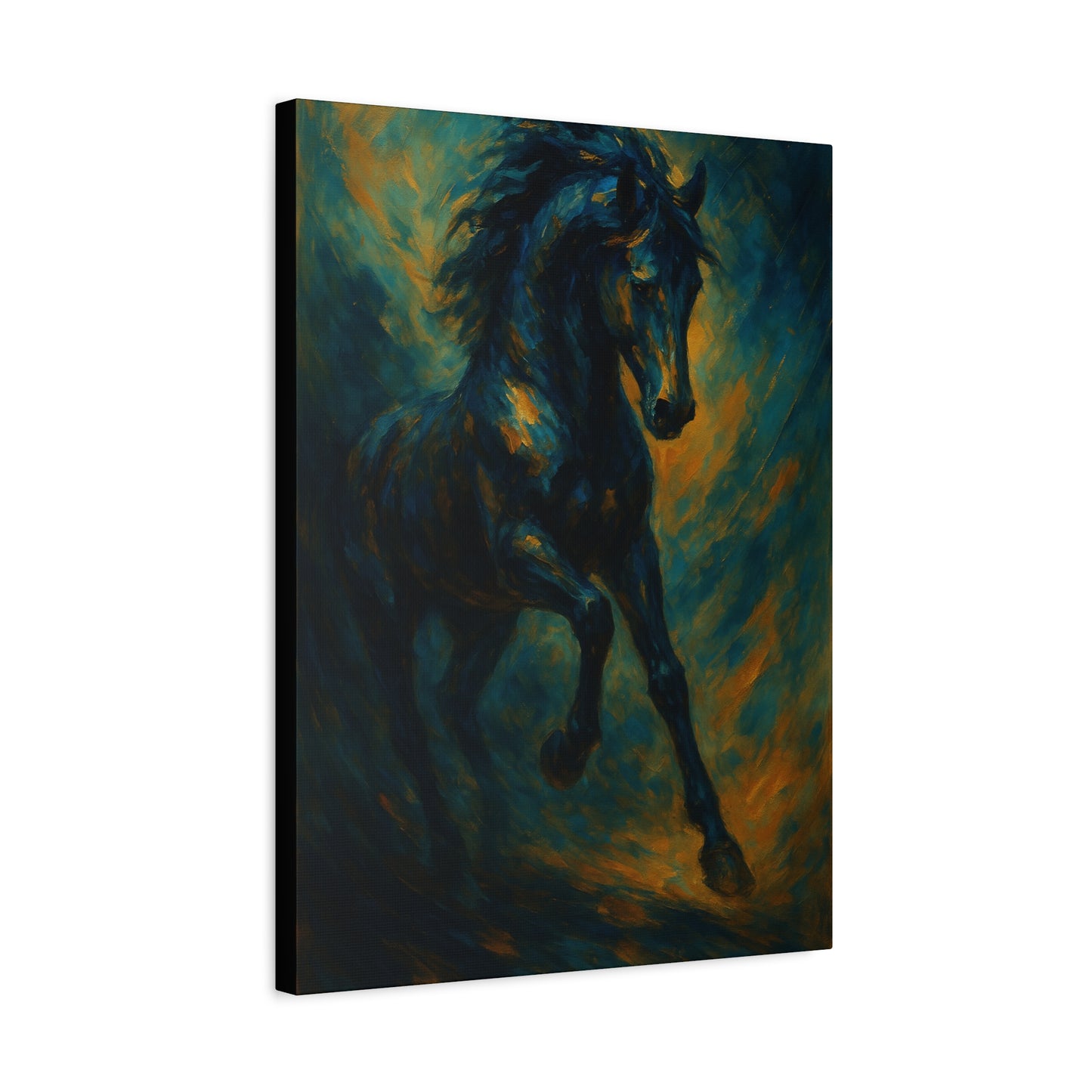 Lienzo Mate de Caballo Negro Galopando — Dramática Pintura Ecuestre