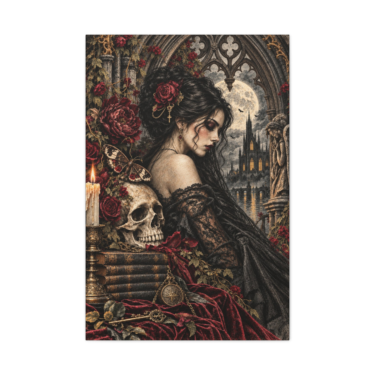 Gothic Romance Canvas Print – Victorian Woman with Skull & Moonlit Cathedral