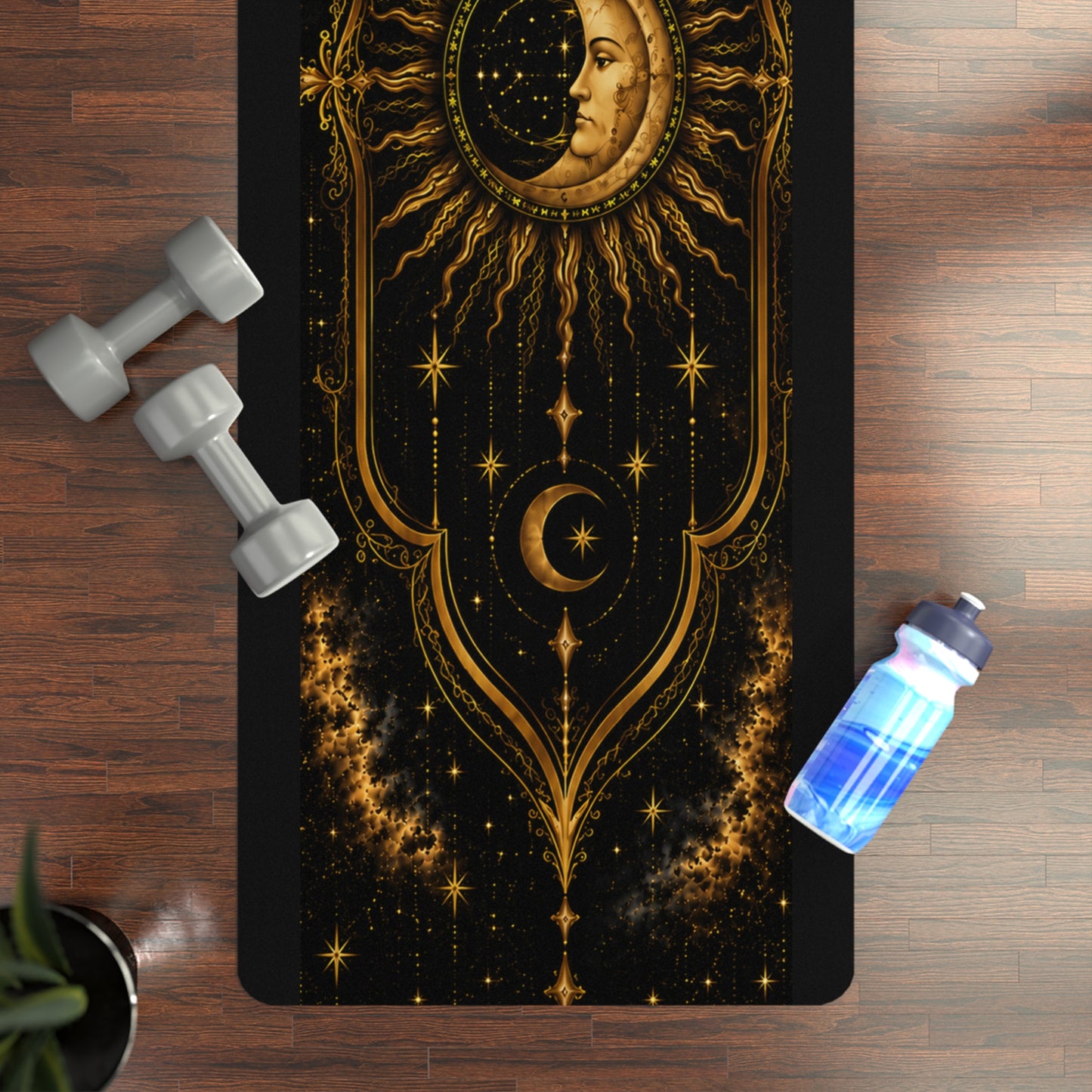 Celestial Sun & Moon Yoga Mat — Black Gold Mystic Meditation Mat