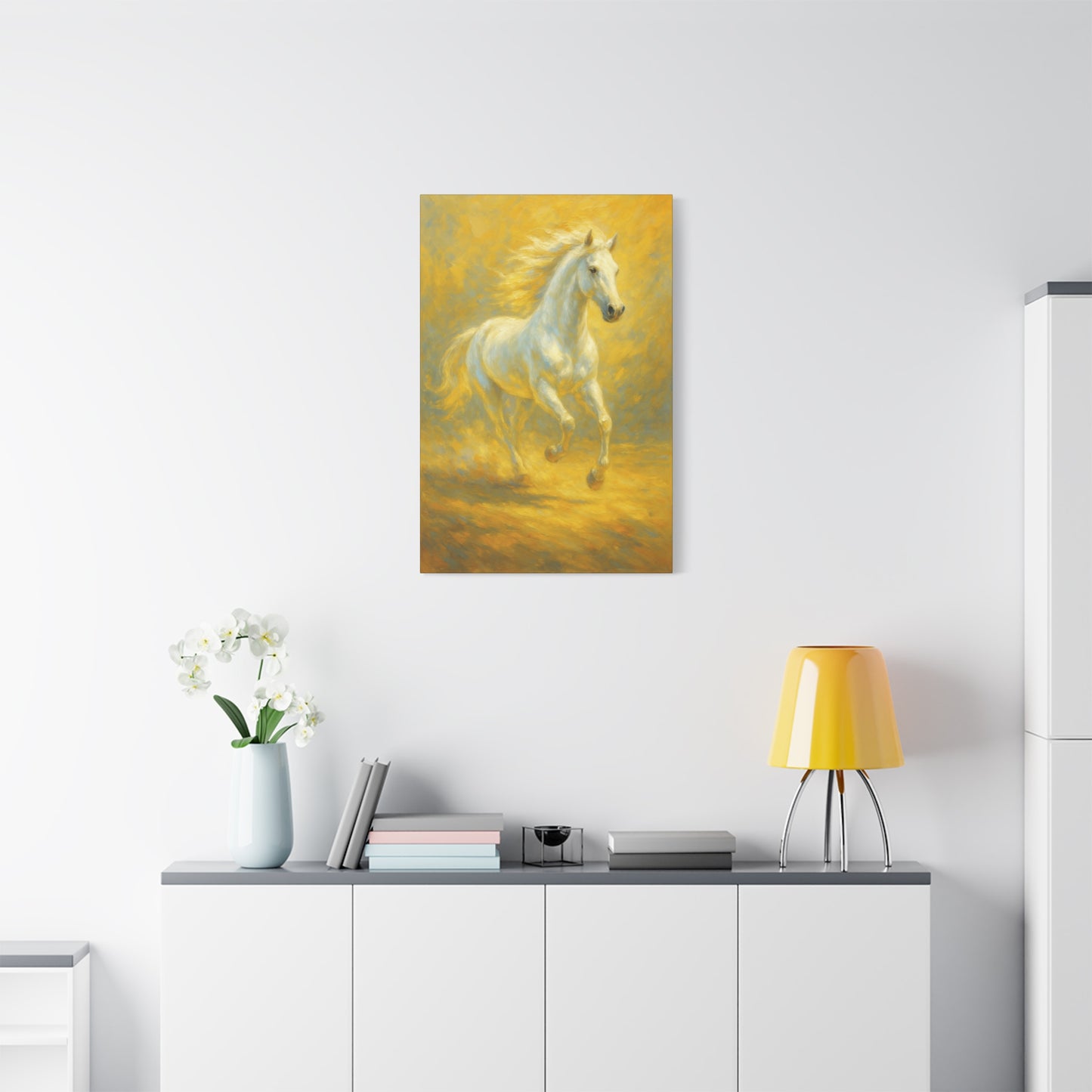 Running White Horse Matte Canvas Wall Art — Golden Equestrian Print