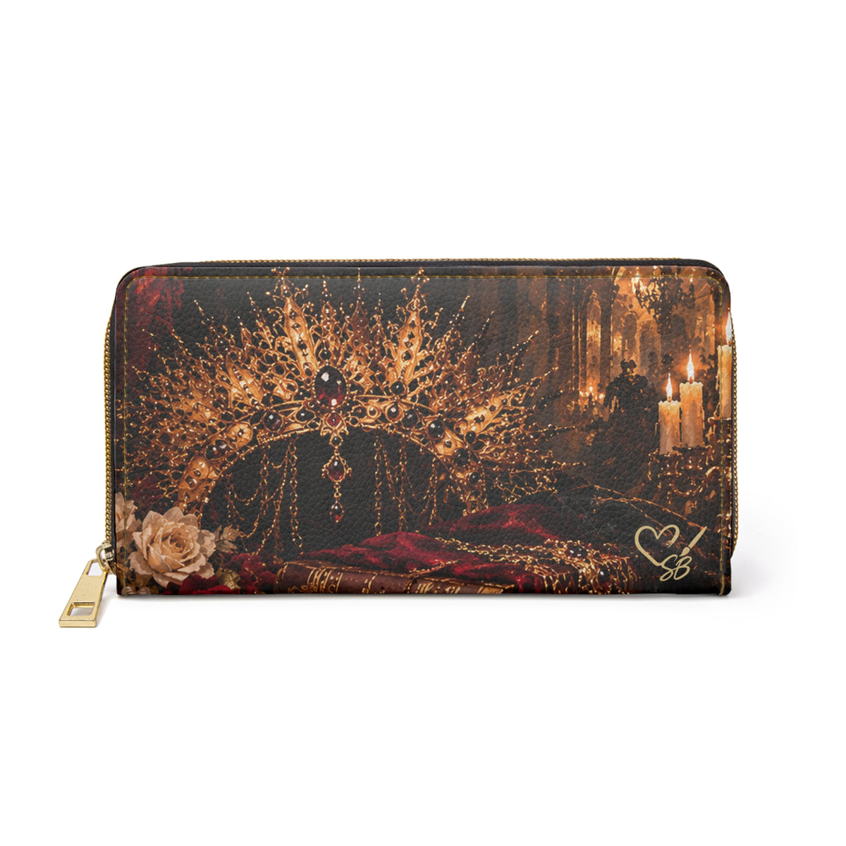 Front of The Gilded Queen zipper wallet, printed with an ornate gold crown, cream rose and candlelight.