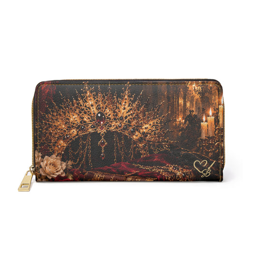 Front of The Gilded Queen zipper wallet, printed with an ornate gold crown, cream rose and candlelight.