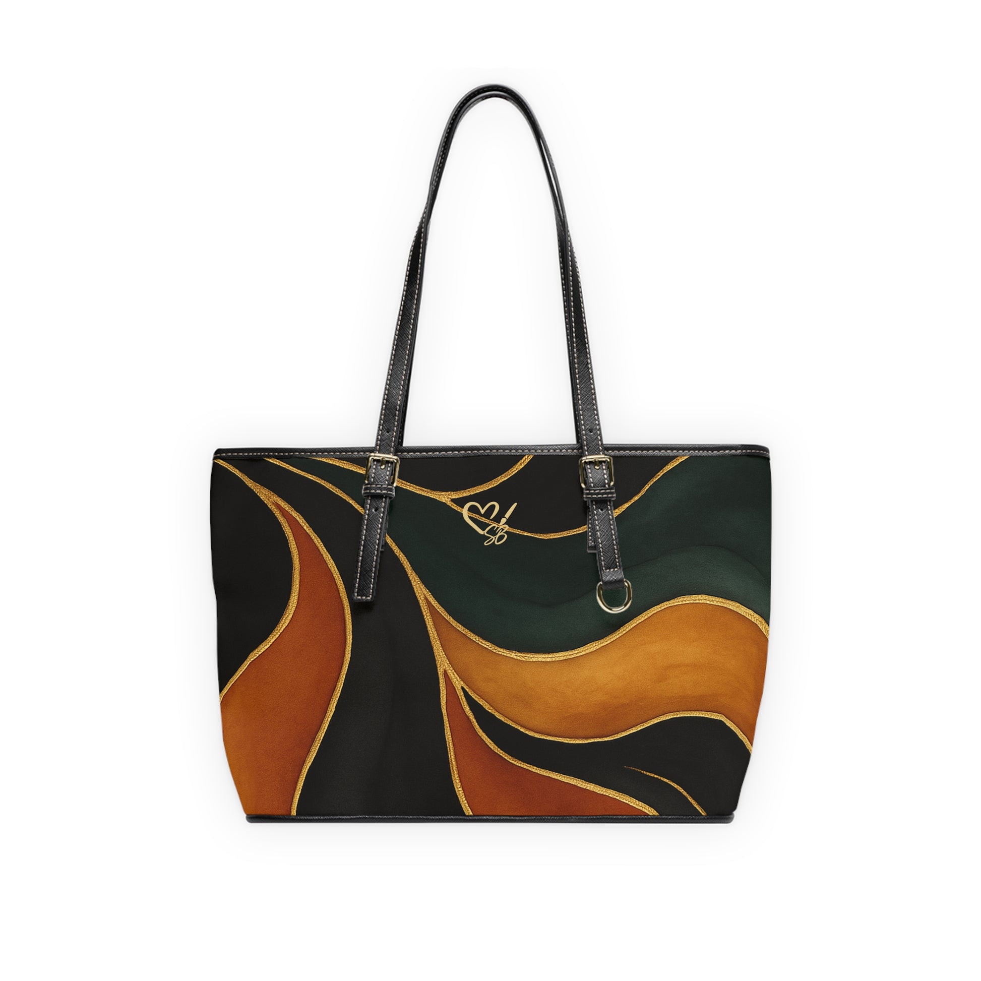 Vivian Artisan Luxe PU shoulder bag front view – abstract autumn waves earthy green burnt orange print tote by the Soulful Brush
