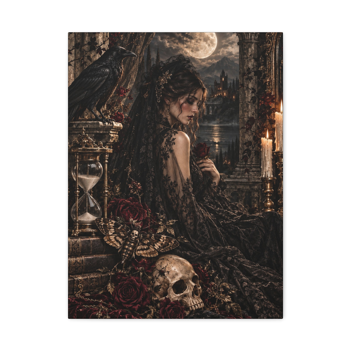 Gothic Mourning Matte Canvas Wall Art —Cathedral Sorrows -Dark Victorian Lady with Skull & Roses