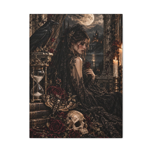 Gothic Mourning Matte Canvas Wall Art —Cathedral Sorrows -Dark Victorian Lady with Skull & Roses