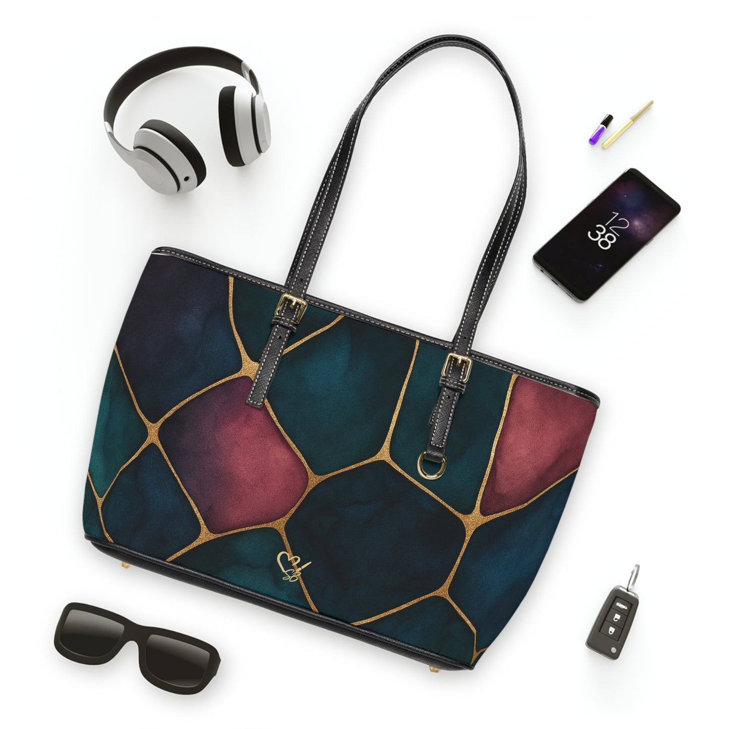 Abstract Stained Glass PU Leather Shoulder Bag — Teal & Wine Mosaic Tote
