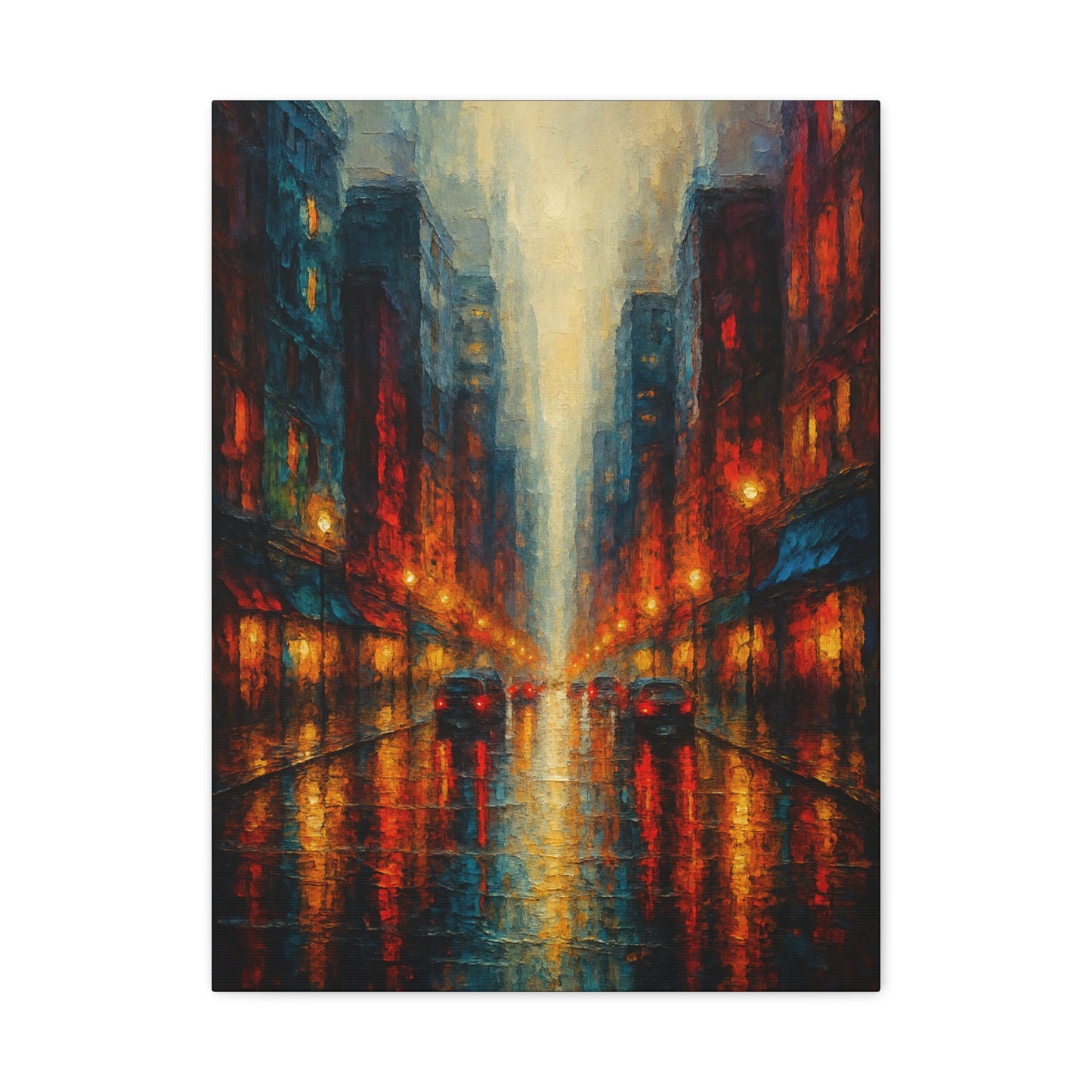 Lienzo mate "Paisaje urbano lluvioso" - Arte de pared urbano nocturno estirado