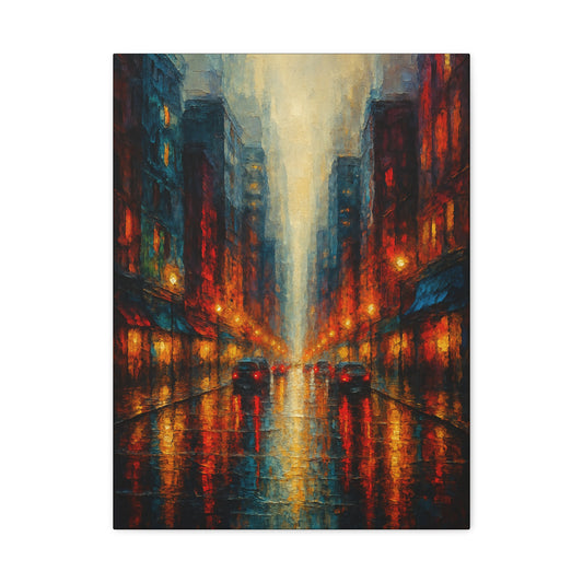 Lienzo mate "Paisaje urbano lluvioso" - Arte de pared urbano nocturno estirado