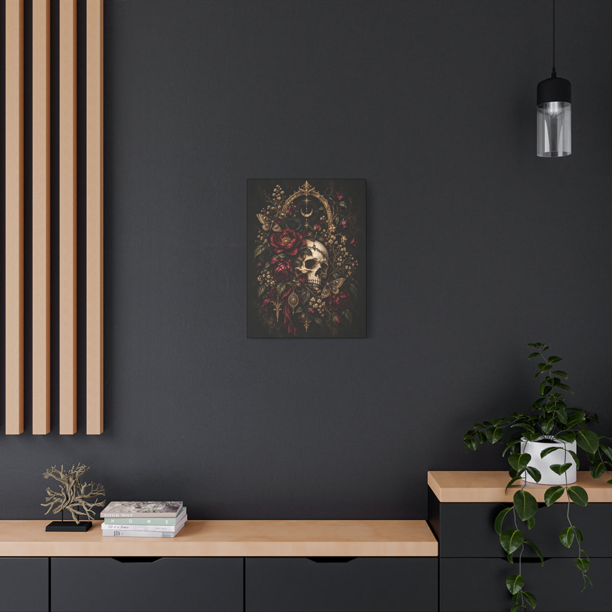 Skull & Roses Gothic Canvas Wall Art —Eclipsed Moon- Matte Stretched 1.25"