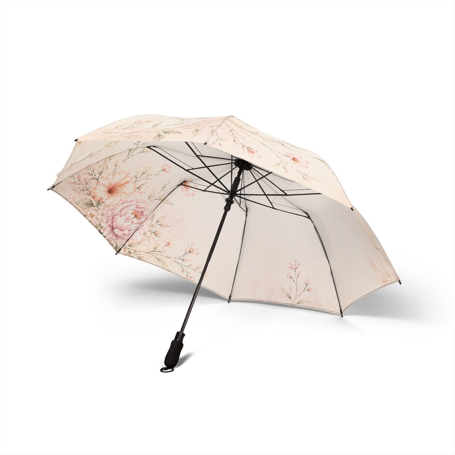 Quiet Bloom foldable umbrella side profile open – semi-automatic pink floral travel umbrella by the Soulful Brush
