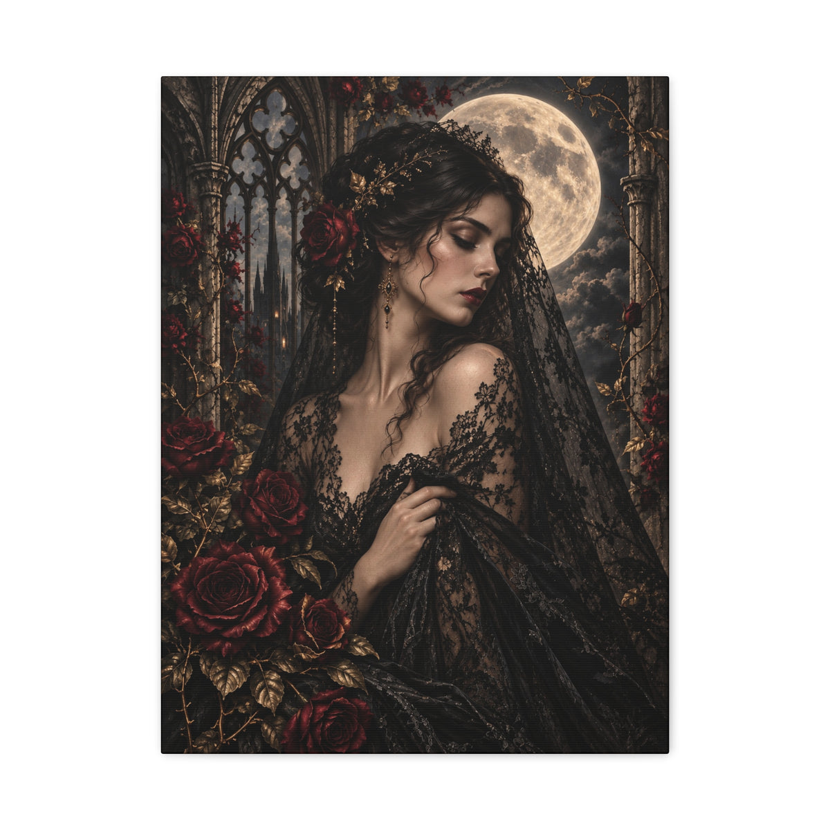 Gothic Moonlit Maiden Canvas Art - Nocturne In Lace-Romantic Dark Victorian Wall Decor