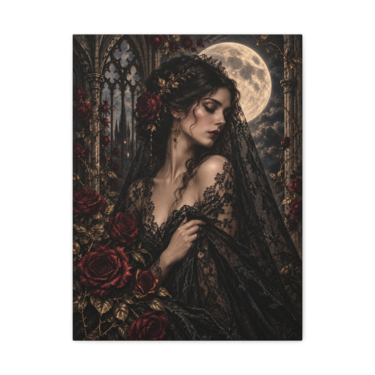 Gothic Moonlit Maiden Canvas Art - Nocturne In Lace-Romantic Dark Victorian Wall Decor