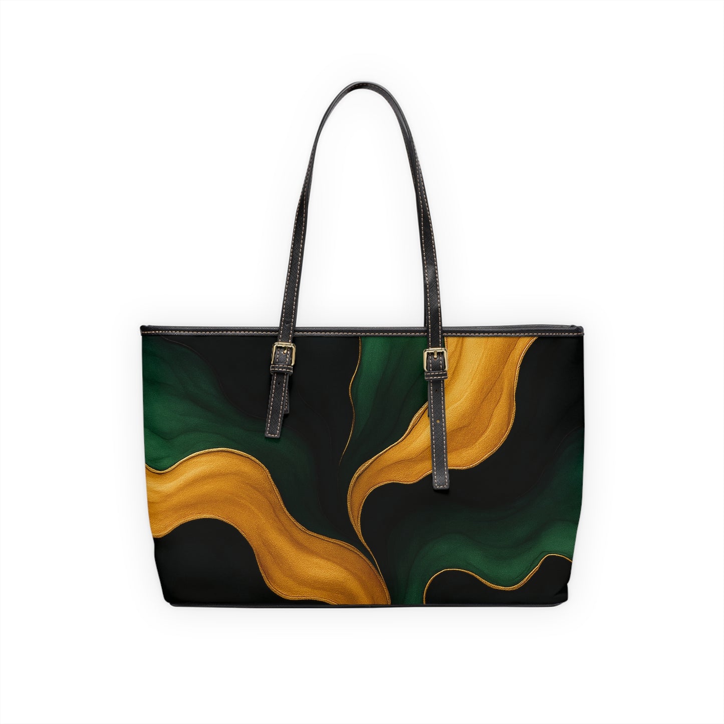 Miranda Artisan Luxe PU leather shoulder bag 17x11 back view – deep emerald gold double-sided print structured tote by the Soulful Brush
