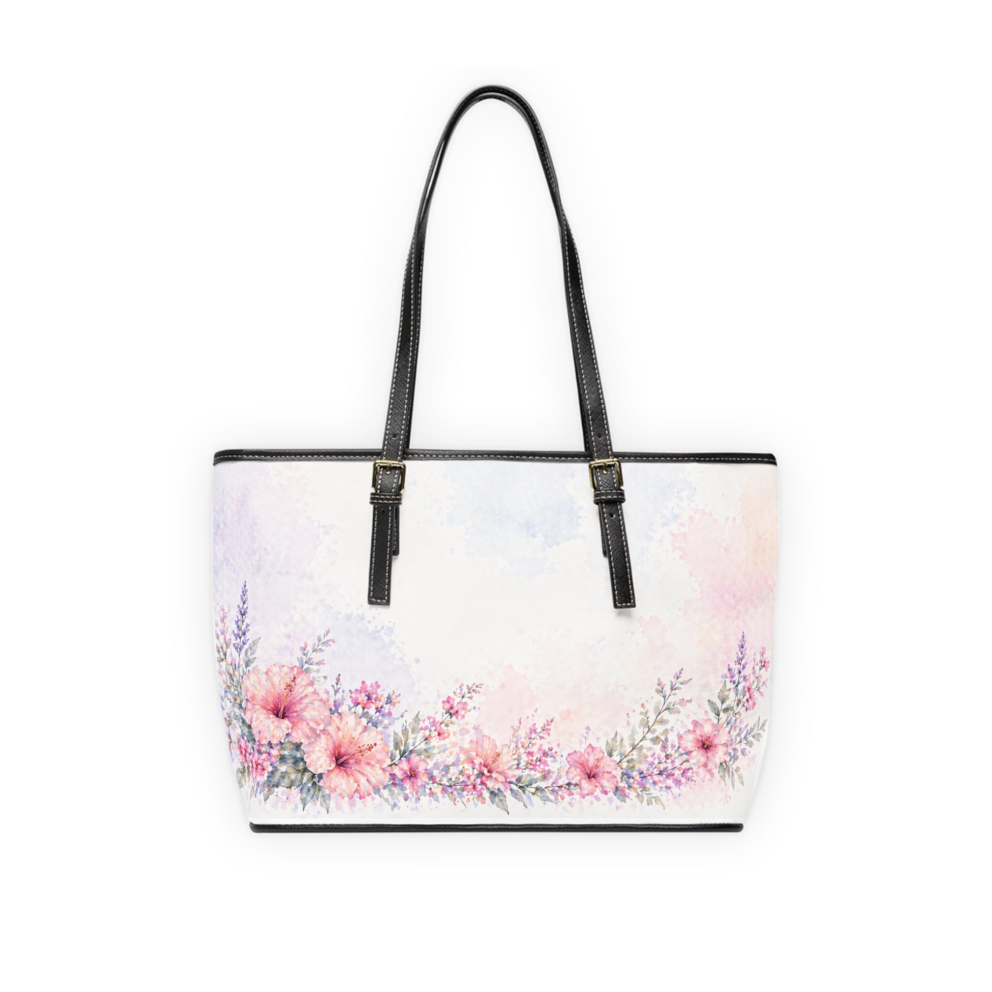 Lila Artisan Luxe PU leather shoulder bag 17x11 back view – soft watercolor blooms double-sided print structured tote by the Soulful Brush
