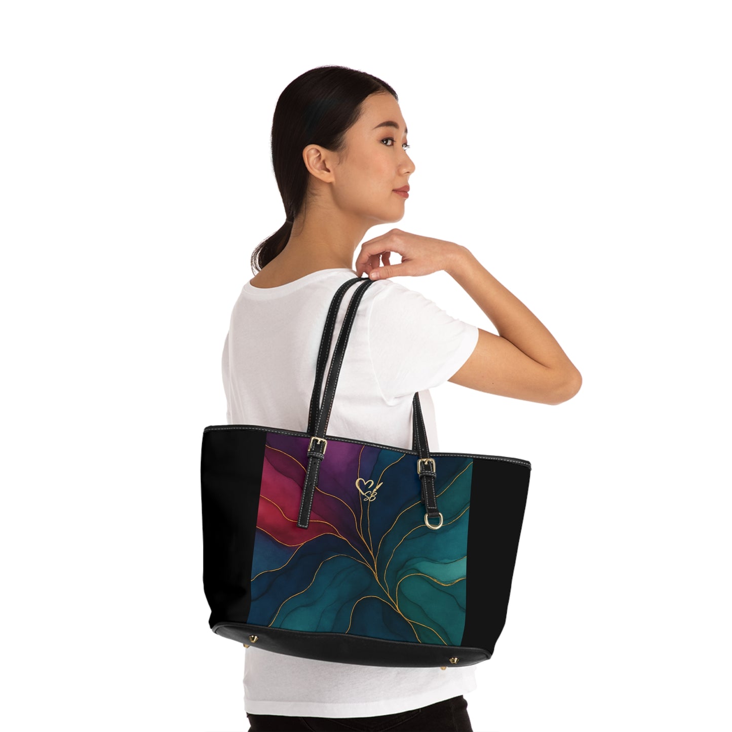 Tyler-2025 Colección Artisan Luxe - Bolso de hombro de PU con panel — Bolso tote color verde azulado y burdeos con detalle veteado dorado