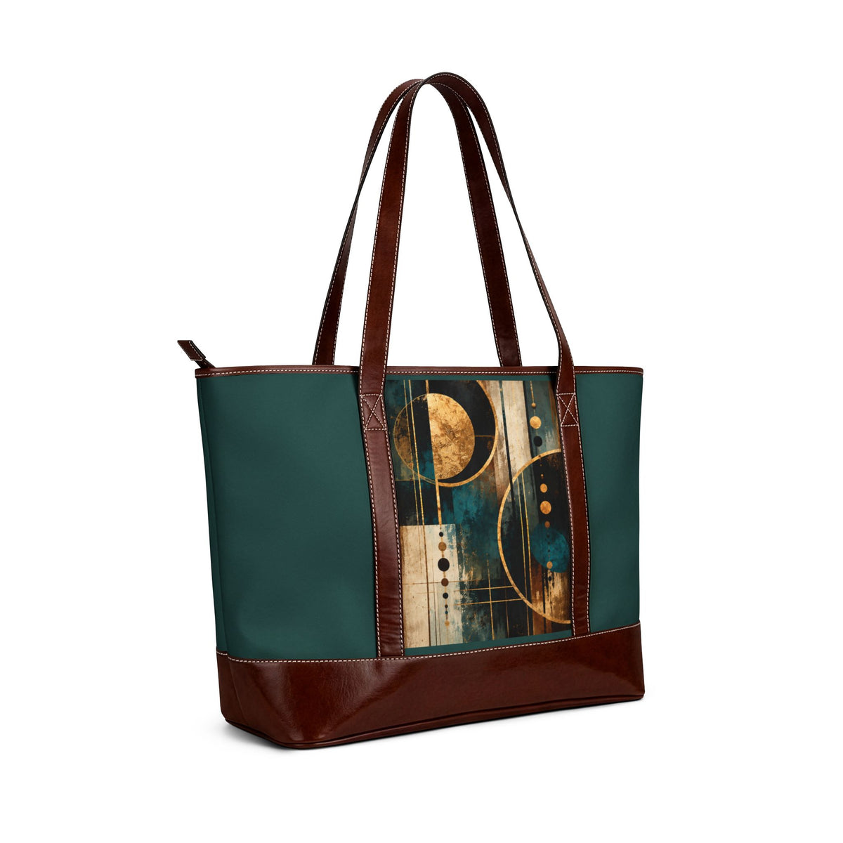 Moonlit Geometry Tote — Teal & Gold Celestial Art Bag