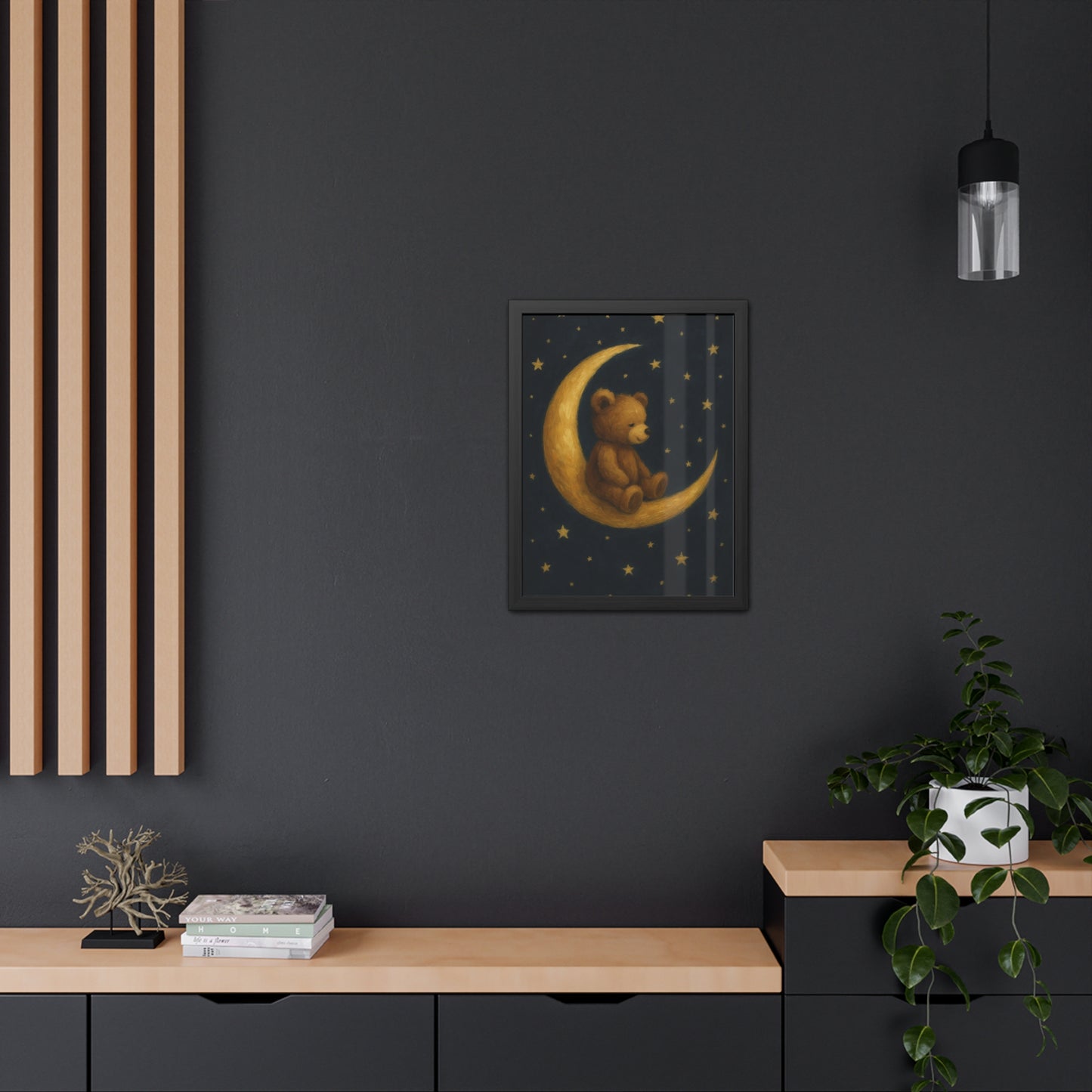To the Moon and Back – Teddy on Crescent Moon Nursery Framed Poster | Celestial Dreams Wall Art