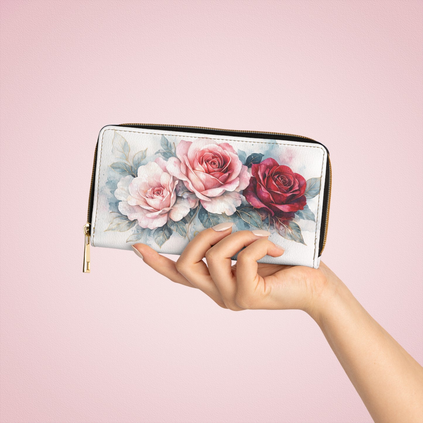 Rosie-Artisan Luxe  Zipper Wallet — Watercolor Pink & Red Roses Long Wallet