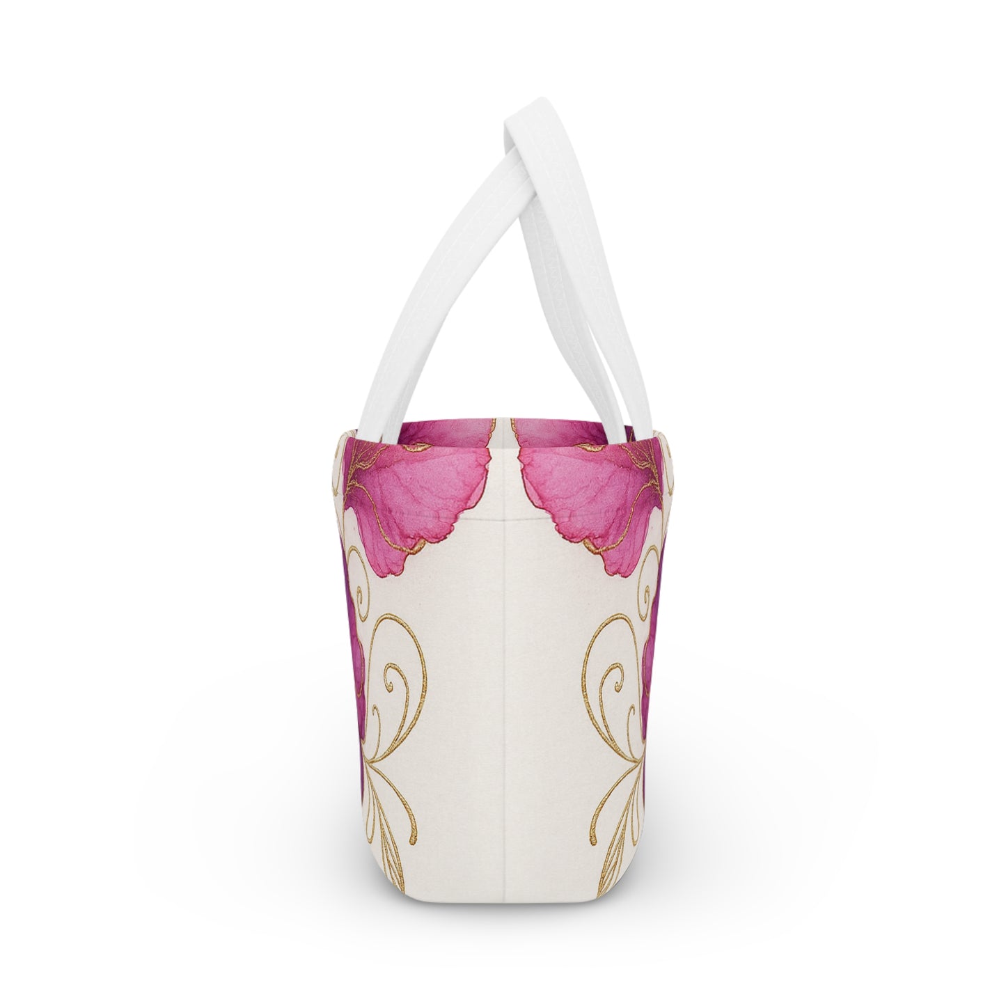 Floral Pink Poppy Lunch Bag — Insulated Tote with Gold Vine Design