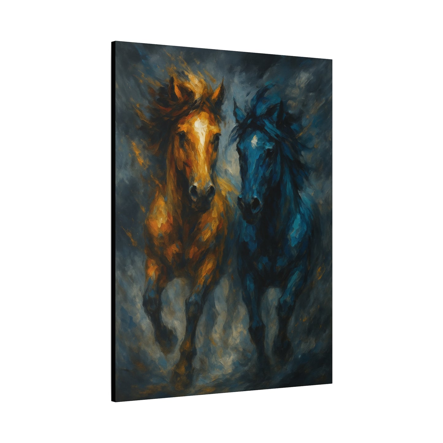Running Horses Matte Canvas Wall Art — Abstract Gold & Blue Horse Painting
