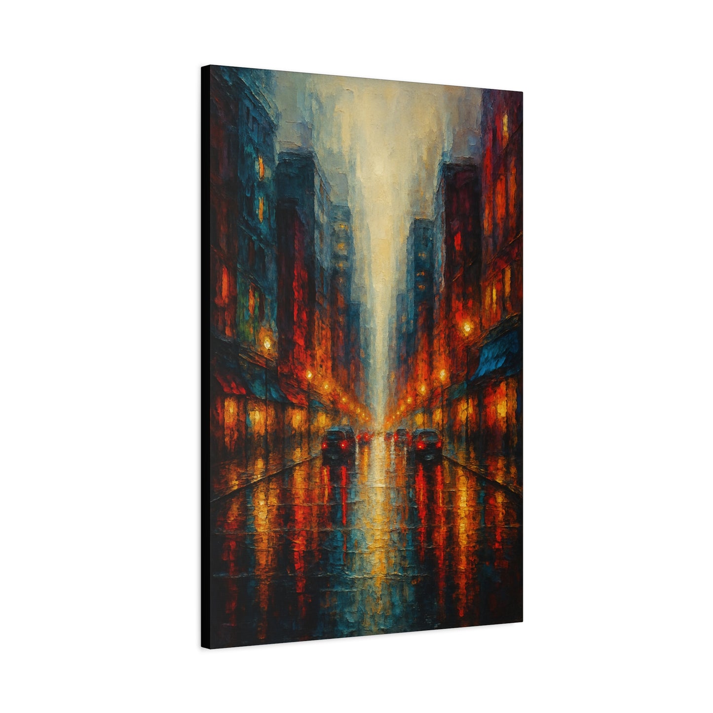 Lienzo mate "Paisaje urbano lluvioso" - Arte de pared urbano nocturno estirado