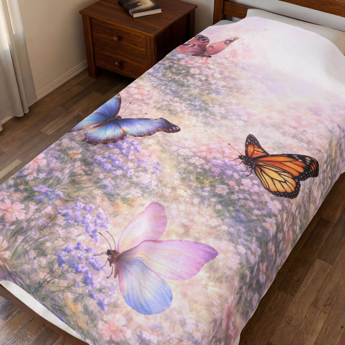Manta de felpa Butterfly Meadow — Manta suave en tonos pastel para dormitorio, cuarto infantil y regalos acogedores