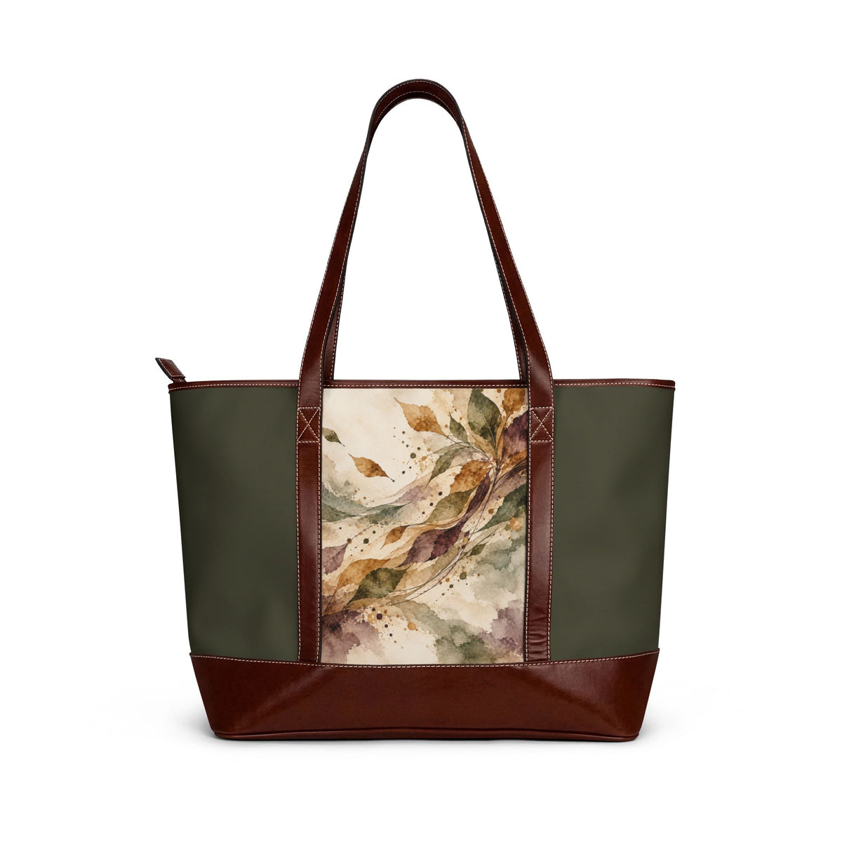 Floral Olive Tote Handbag – Watercolor Leaf Print Leather-Trim Shoulder Bag