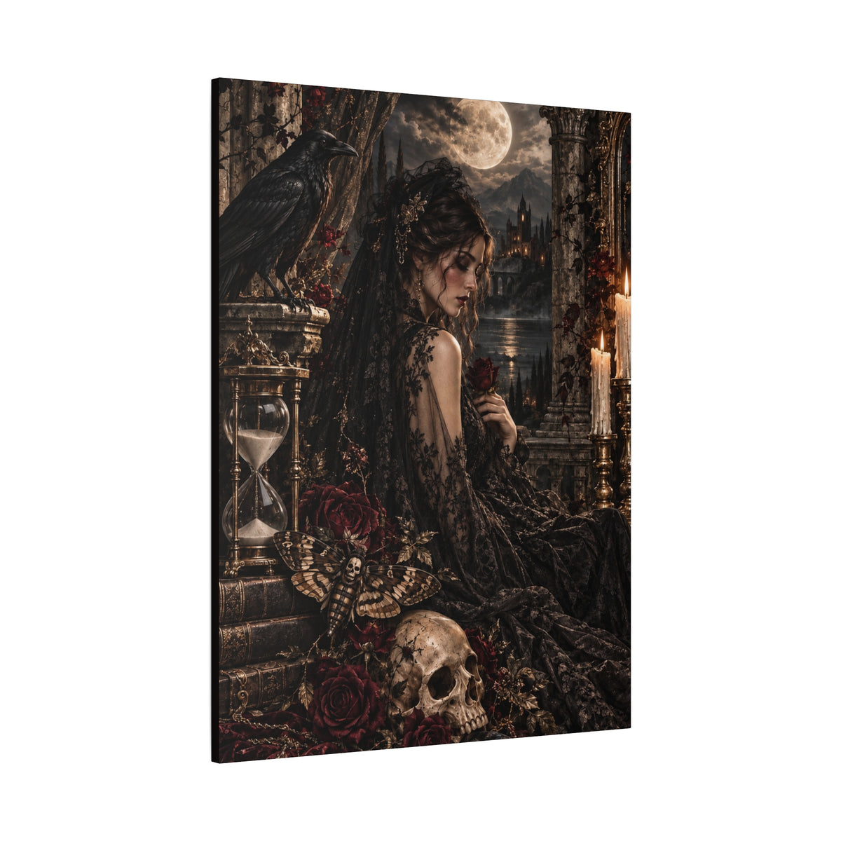 Gothic Mourning Matte Canvas Wall Art —Cathedral Sorrows -Dark Victorian Lady with Skull & Roses