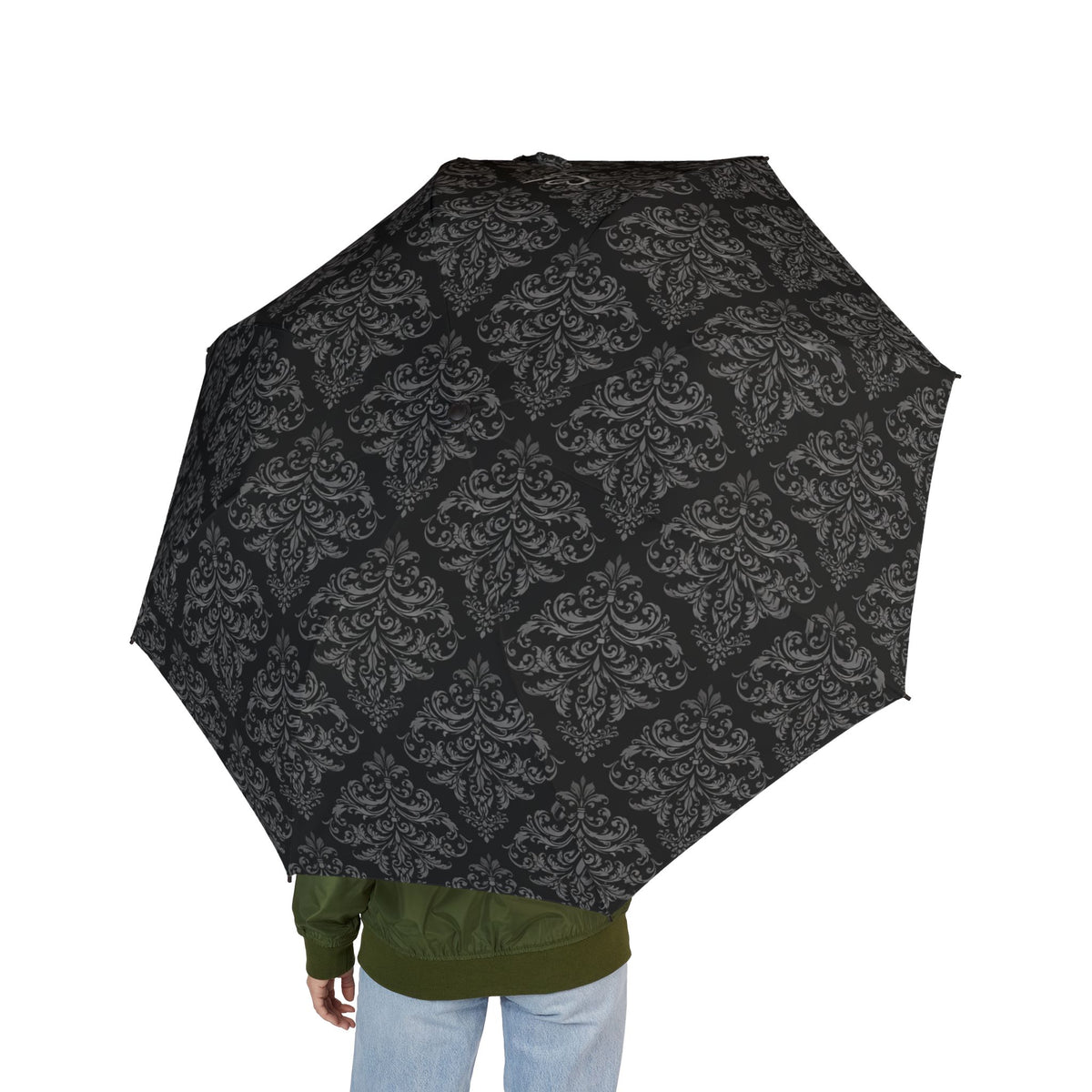 Compact Foldable Umbrella — Black Damask Semi-Automatic Travel Umbrella