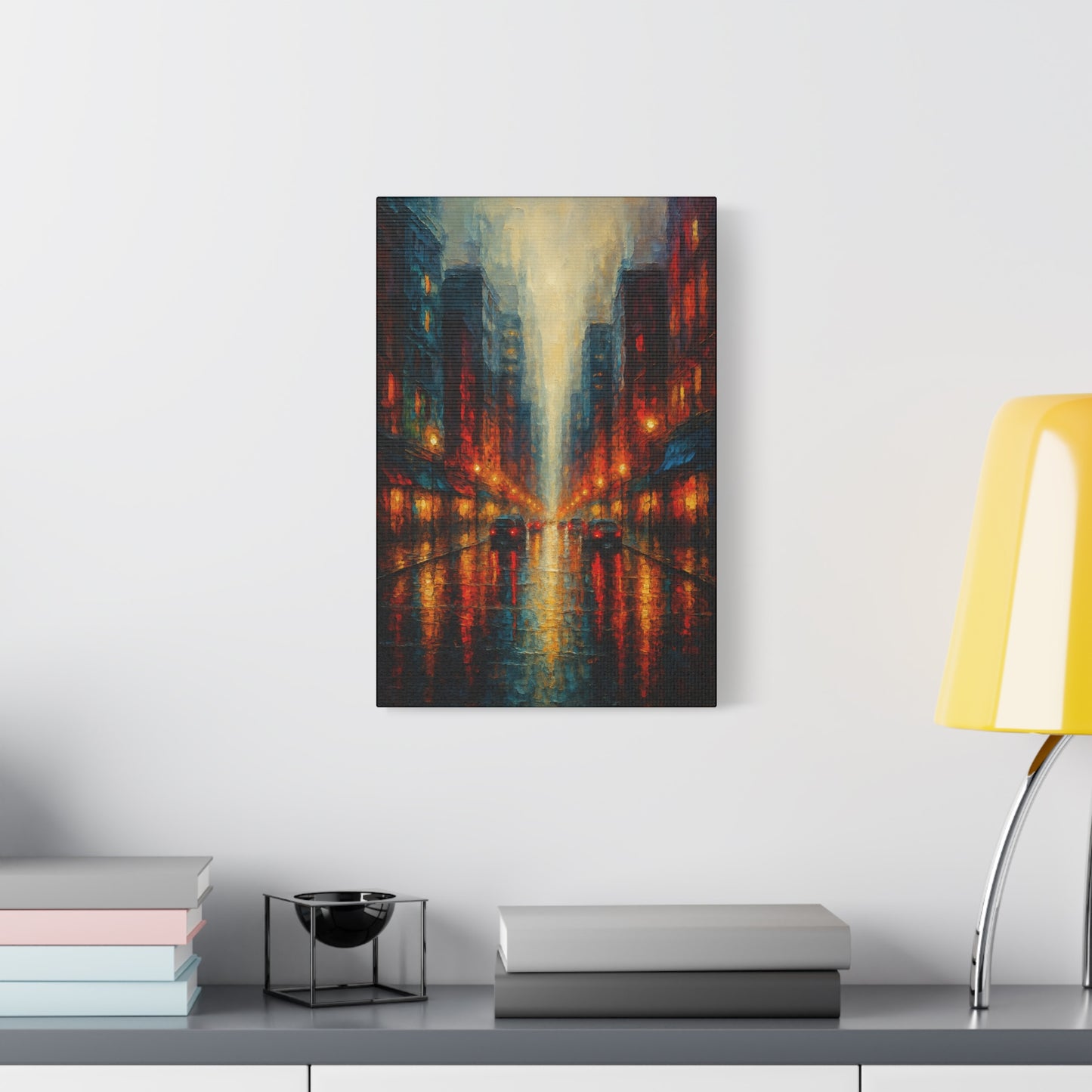 Lienzo mate "Paisaje urbano lluvioso" - Arte de pared urbano nocturno estirado