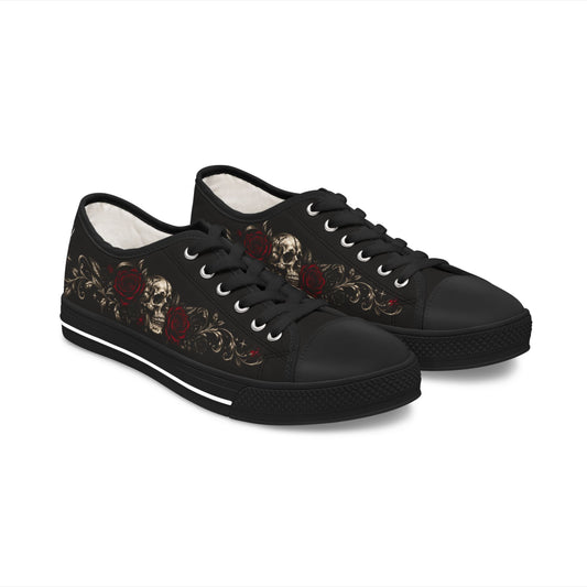 Skull & Rose Low Top Sneakers — Silver Requiem-Women's Gothic Floral Casual Shoes