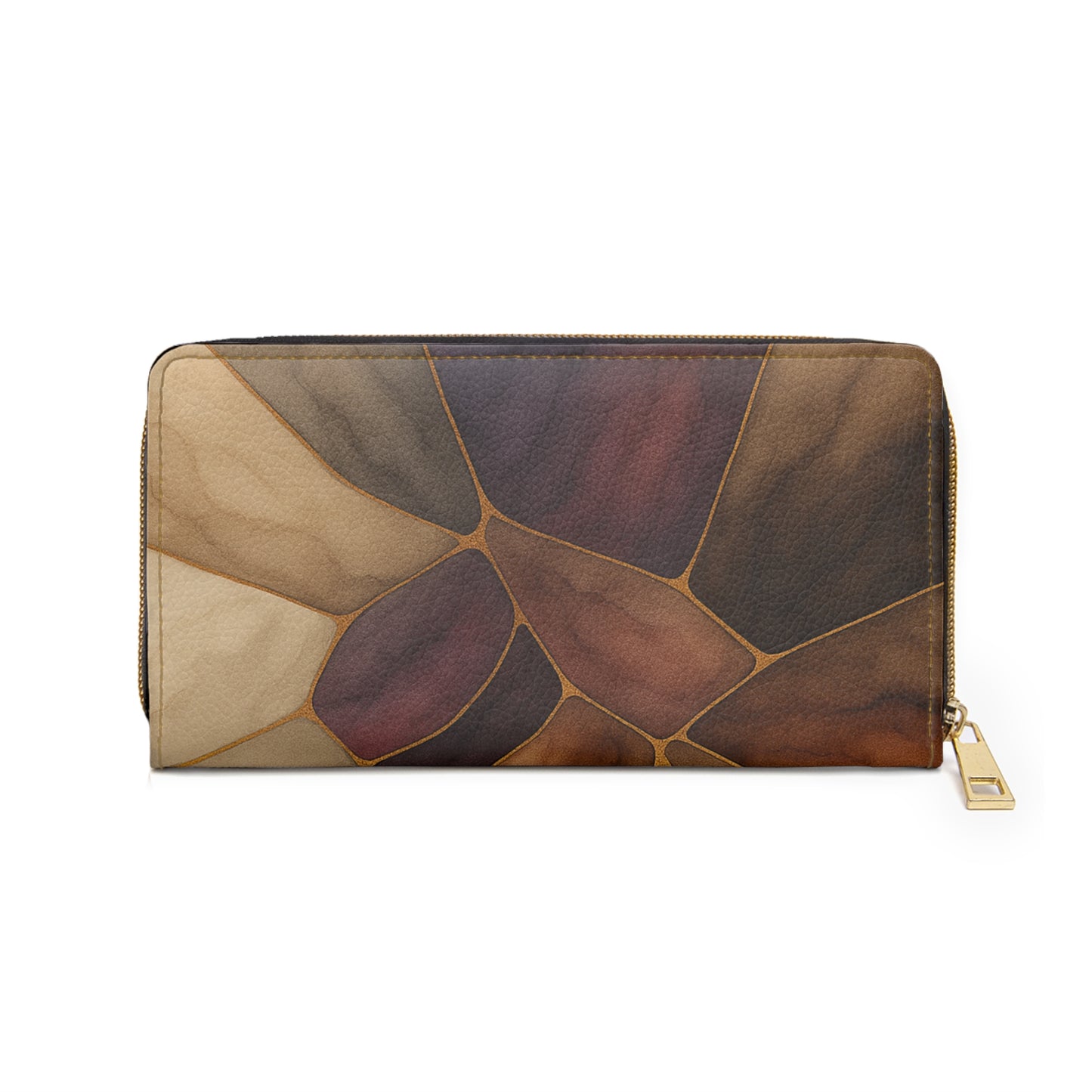 Sienna Artisan Luxe leather mosaic zipper wallet back view – earthtone stained glass pattern zip-around wallet by the Soulful Brush
