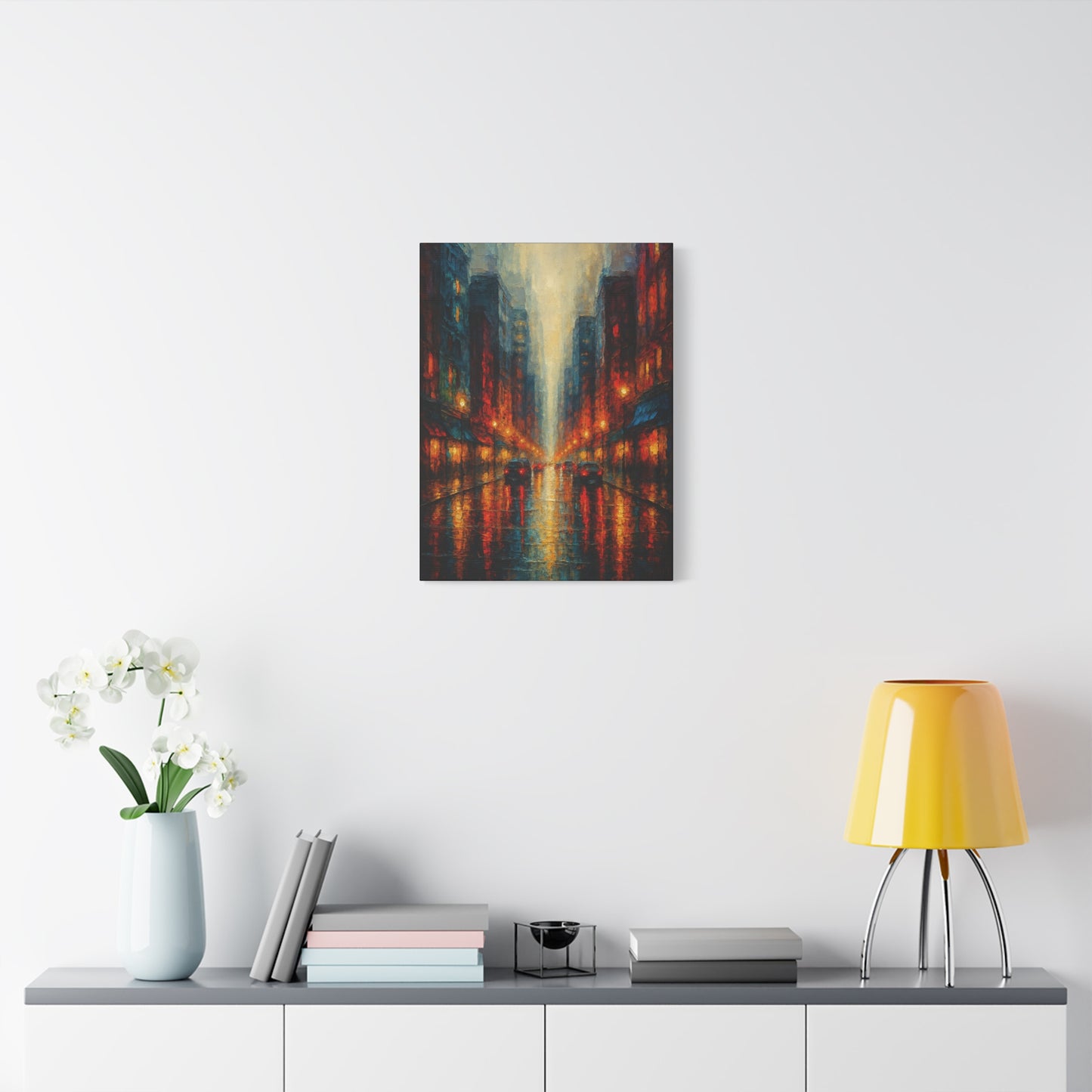 Lienzo mate "Paisaje urbano lluvioso" - Arte de pared urbano nocturno estirado