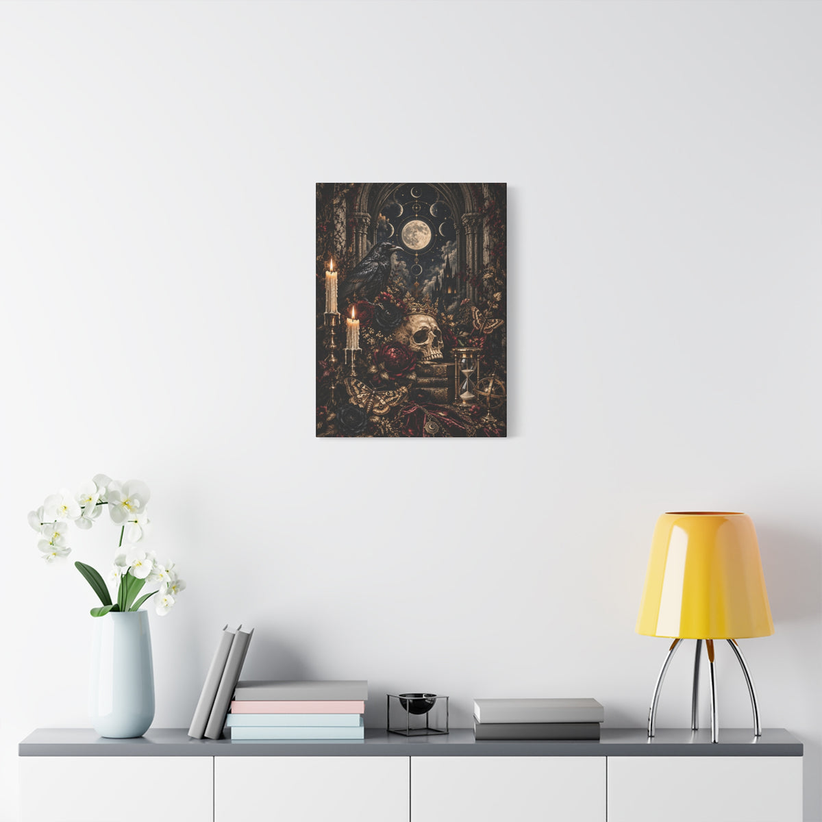 Gothic Moon Skull Canvas Art — Dark Victorian Still Life Wall Decor