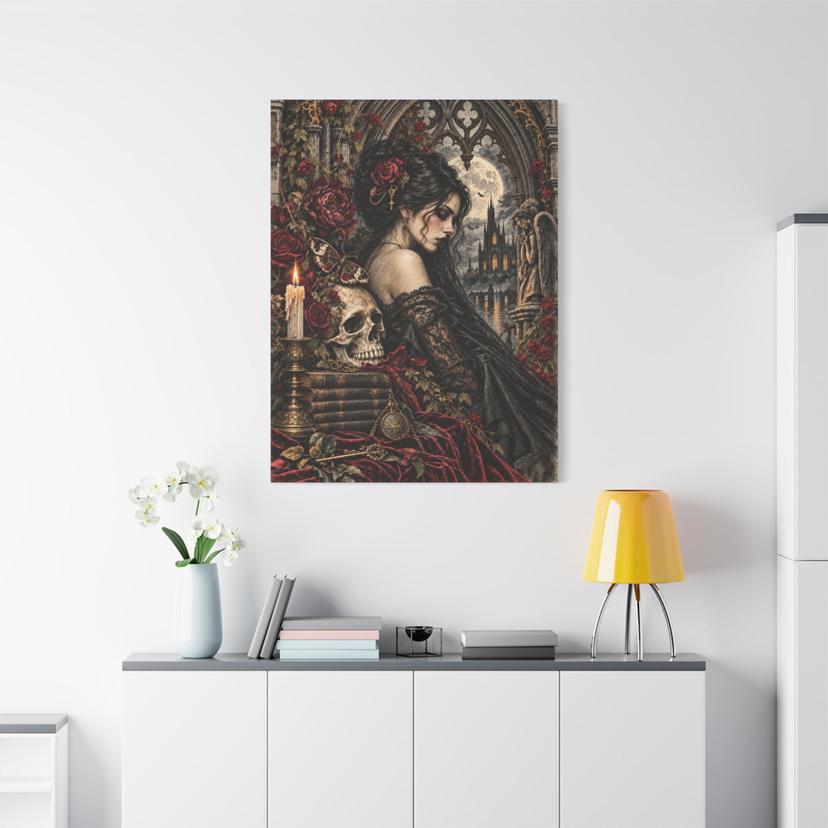 Gothic Romance Canvas Print – Victorian Woman with Skull & Moonlit Cathedral