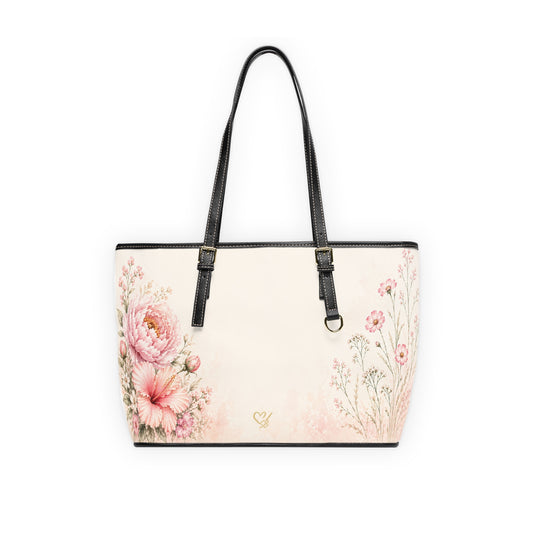 Quiet Bloom-Floral PU Leather Shoulder Bag — Vintage Pink Peony Tote