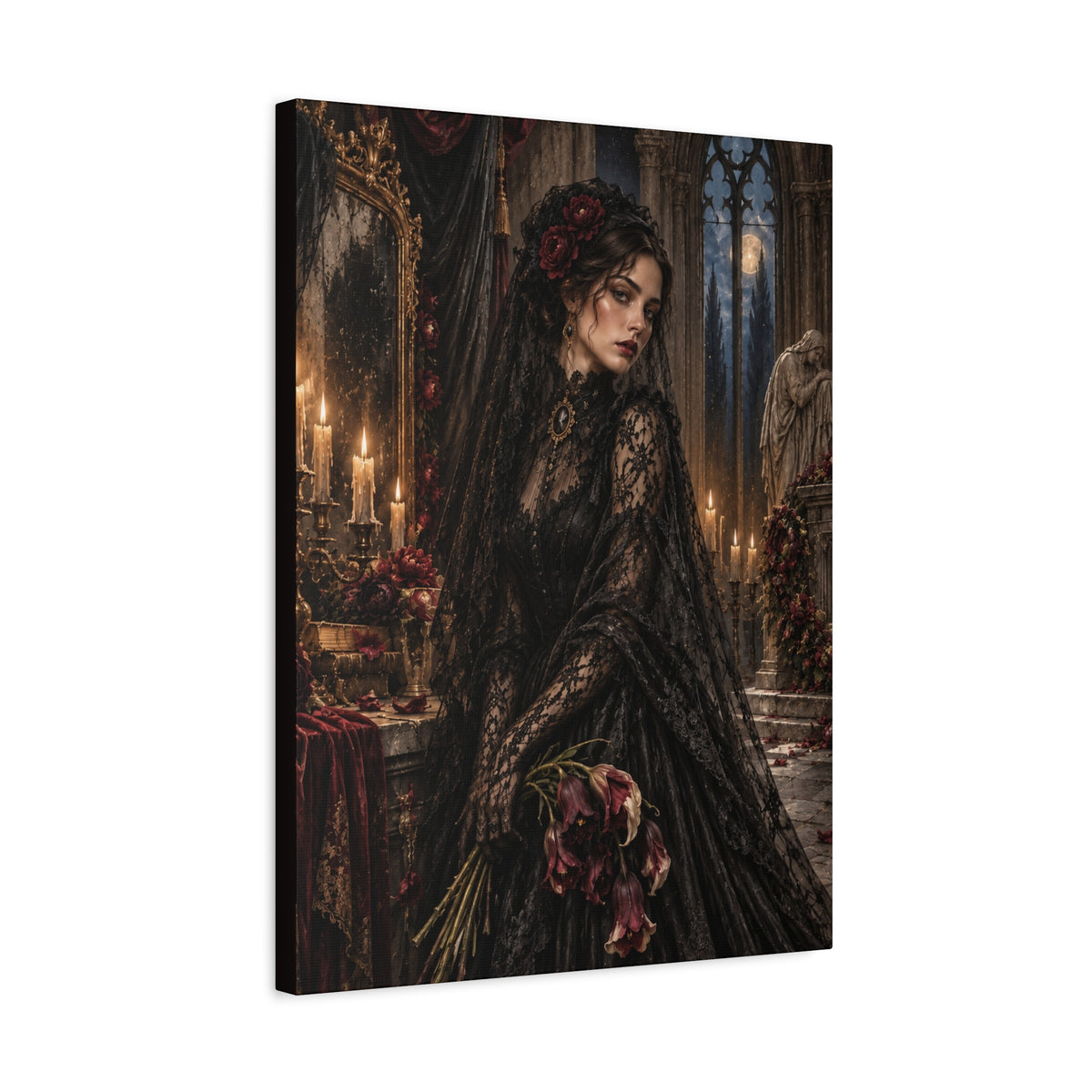 Gothic Mourning Lady Matte Canvas Print — Rose for the Departed-Victorian Dark Romantic Wall Art