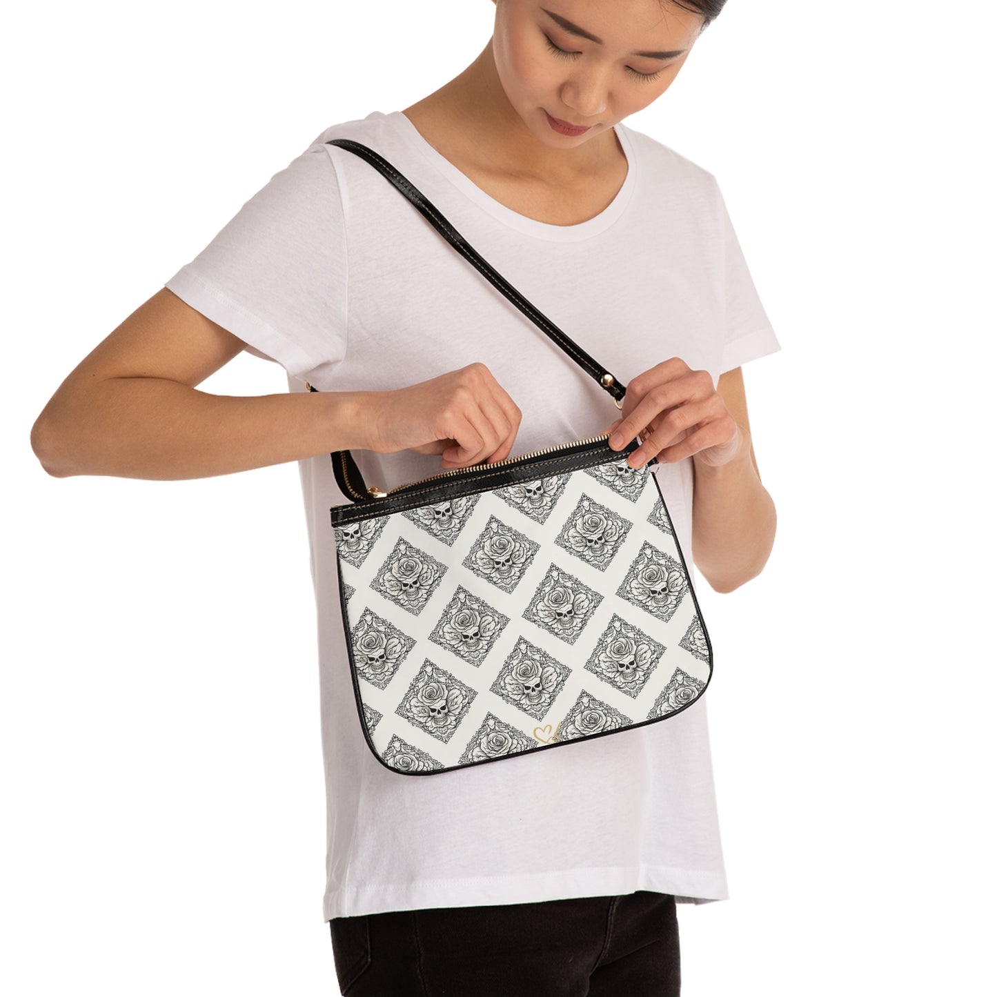 Relic Bloom Small Shoulder Bag — Elegant Black & White Floral Damask Crossbody